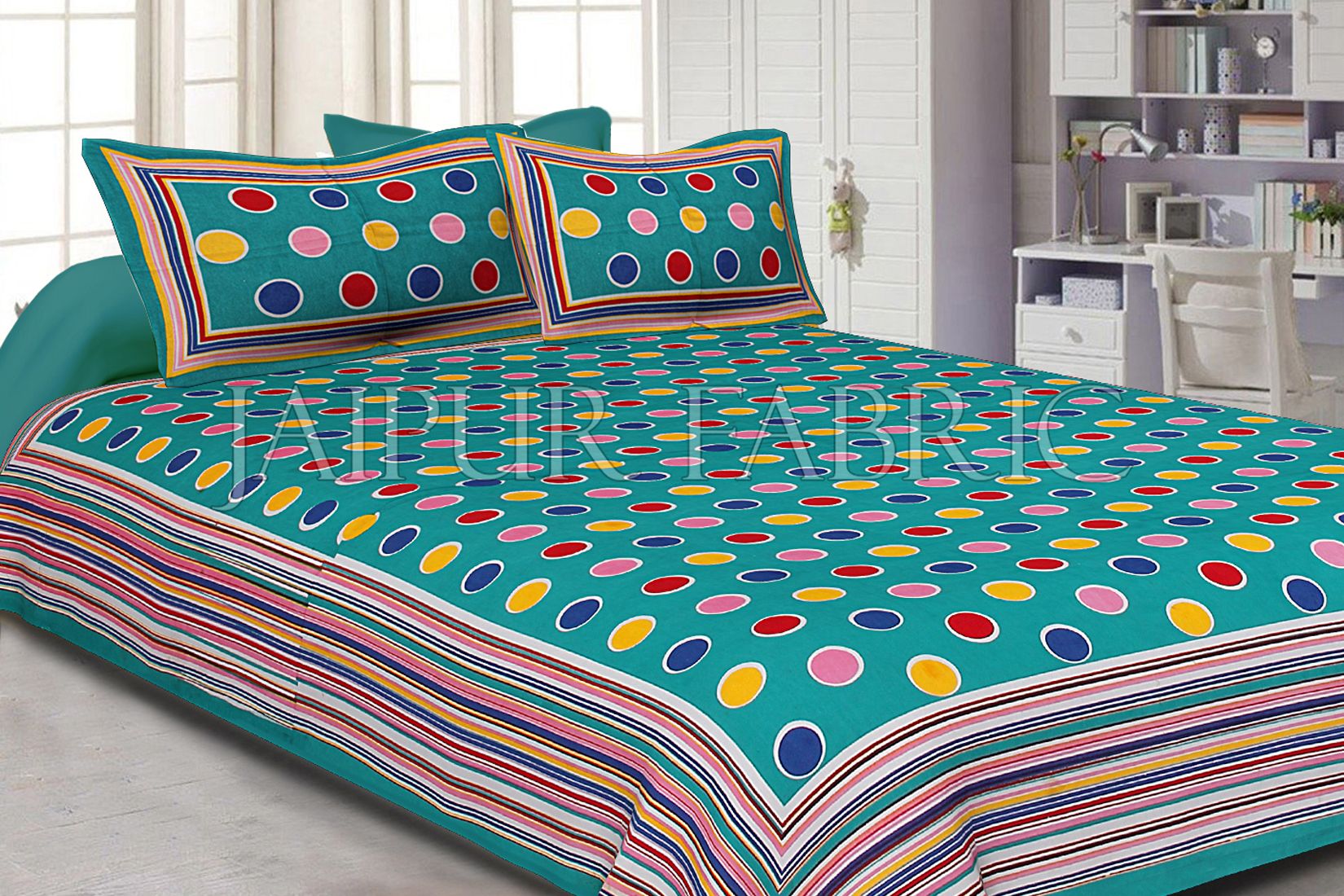 Sea Green Base Multi Color Polka Dot Pattern Screen Print Cotton Double Bed Sheet