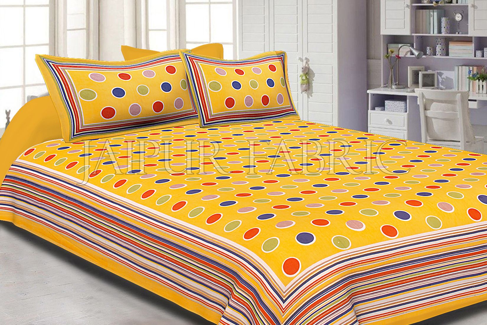 Yellow Base Multi Color Polka Dot Pattern Screen Print Cotton Double Bed Sheet