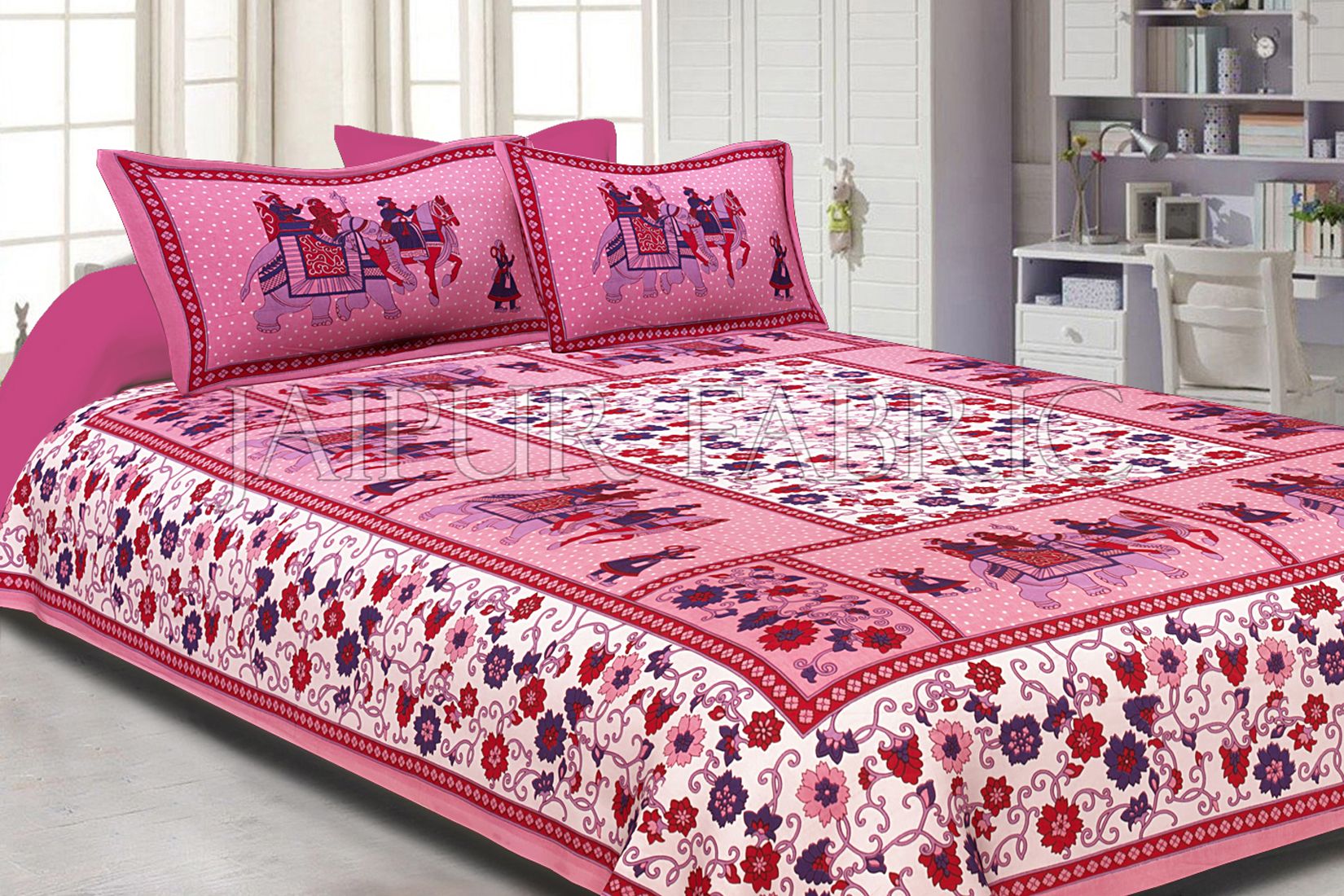 Pink Border White Base Barat Pattern Screen Print Cotton Double Bed Sheet