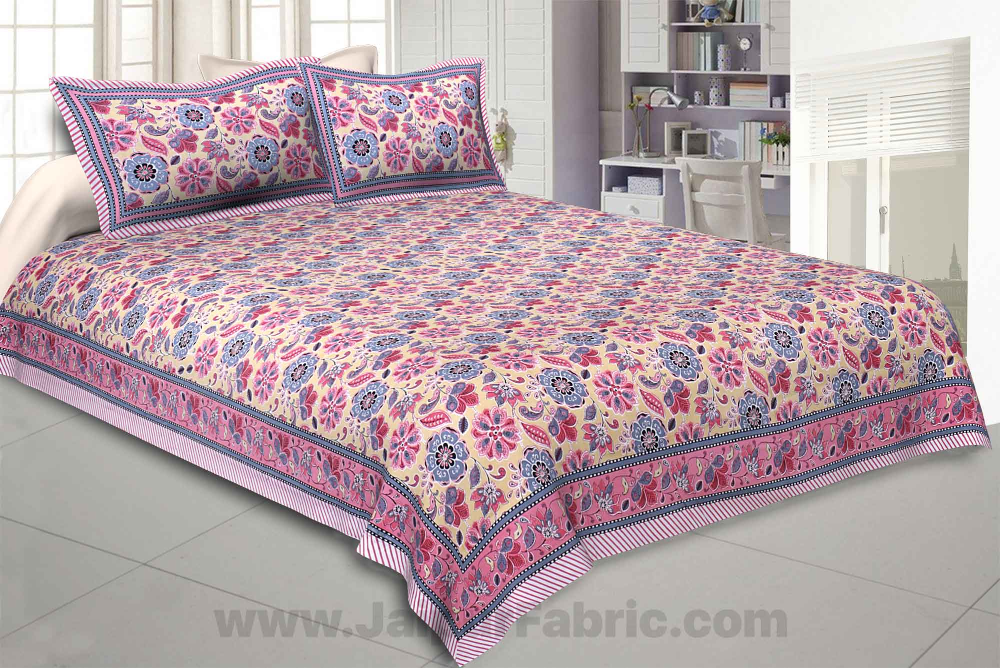 Awesome Mausam Pink Cream Double Bedsheet