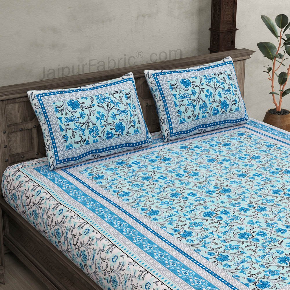 Awesome leaves Blue Cream Double Bedsheet