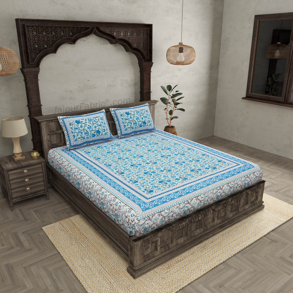 Awesome leaves Blue Cream Double Bedsheet