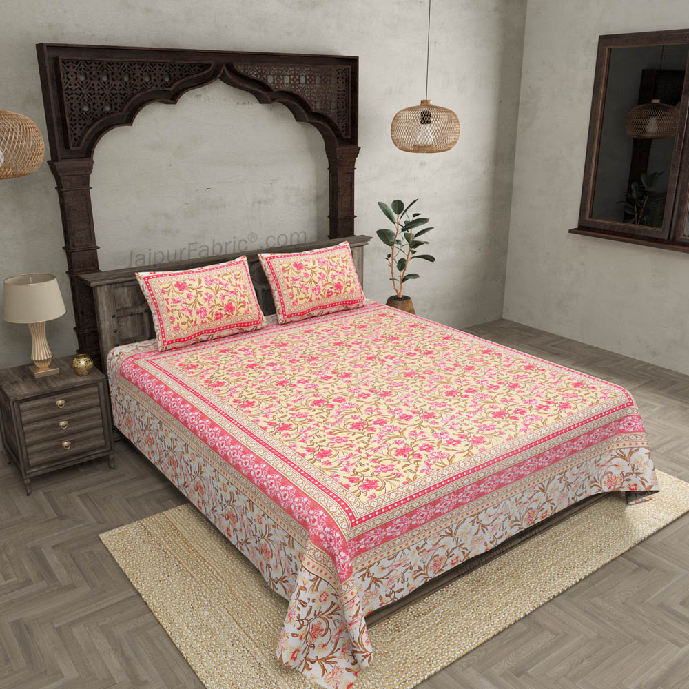 Awesome leaves Pink Cream Double Bedsheet