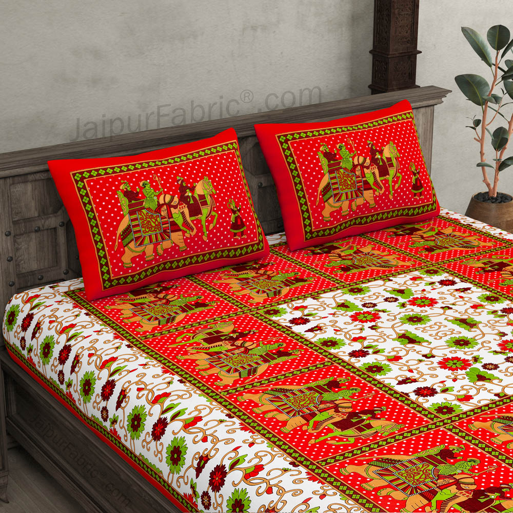 Maroon Border White Base Barat Pattern Screen Print Cotton Double Bed Sheet