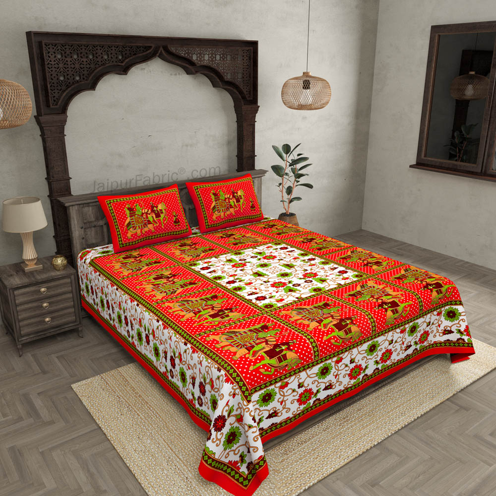 Maroon Border White Base Barat Pattern Screen Print Cotton Double Bed Sheet