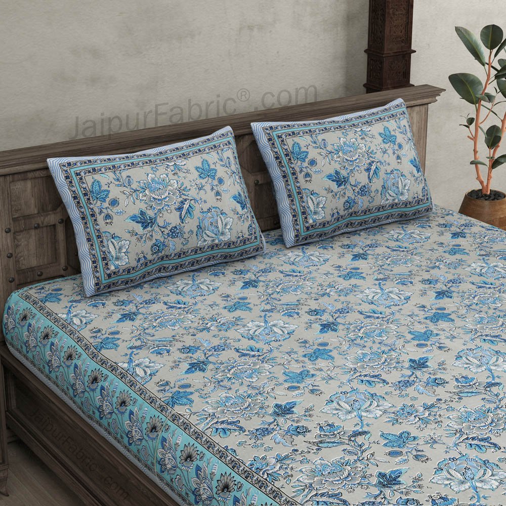 Home Decor Blue Floral Pure Cotton Double Bedsheet