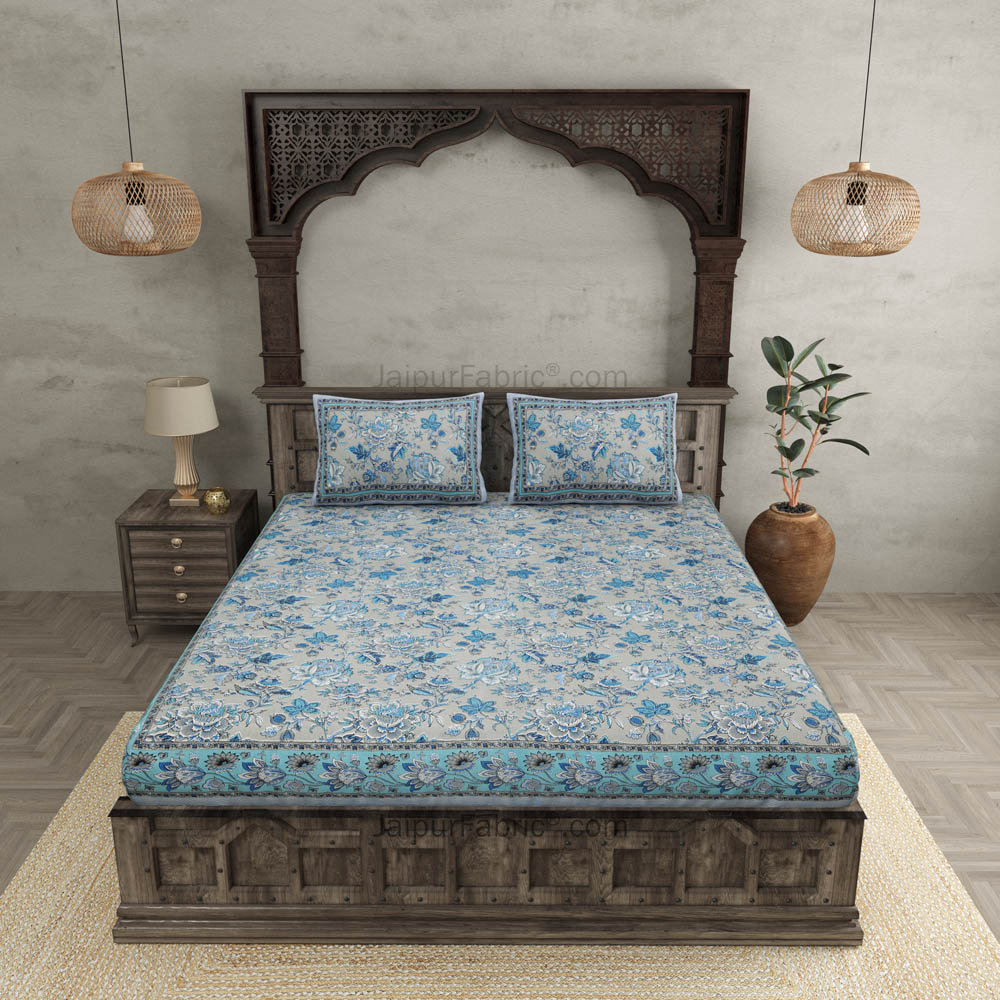 Home Decor Blue Floral Pure Cotton Double Bedsheet