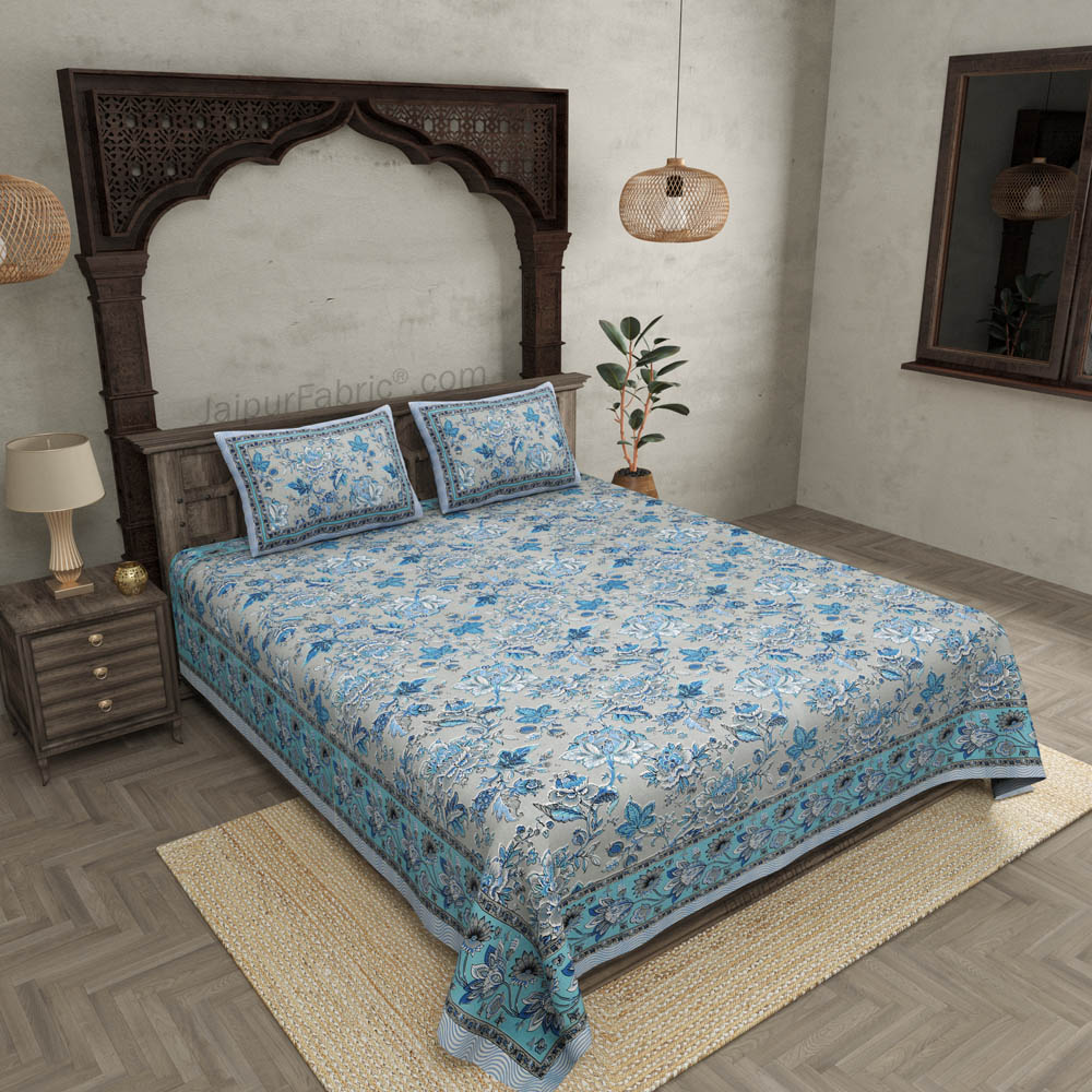 Home Decor Blue Floral Pure Cotton Double Bedsheet