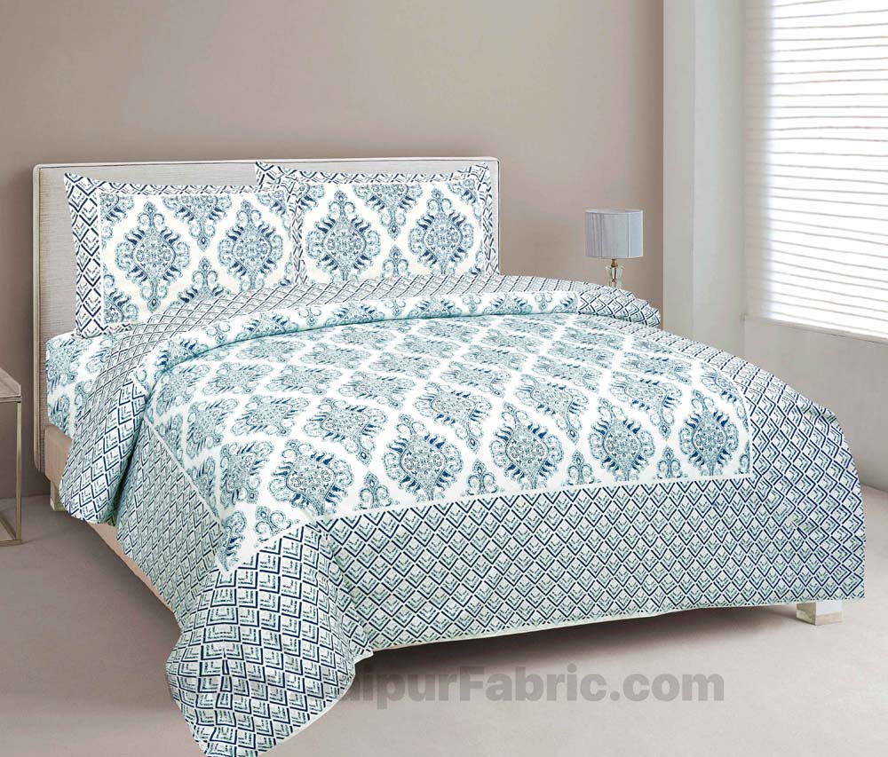 Pure Cotton Light Blue Color Zigzag Border Jaipuri Double Bedsheet