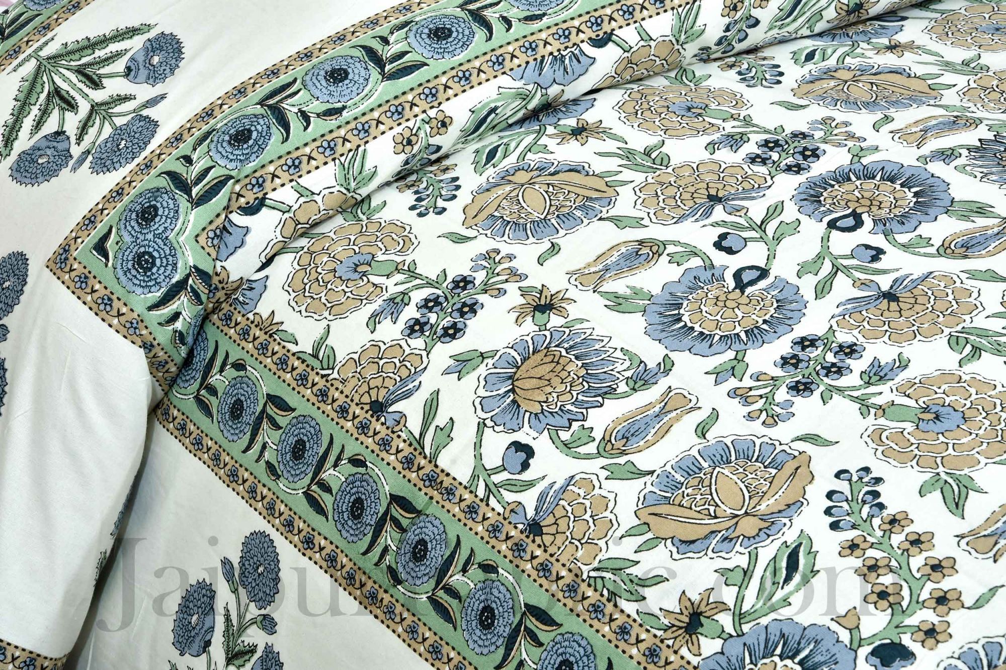 Pure Cotton Green Color Floral Ethnic Jaipuri Double Bedsheet