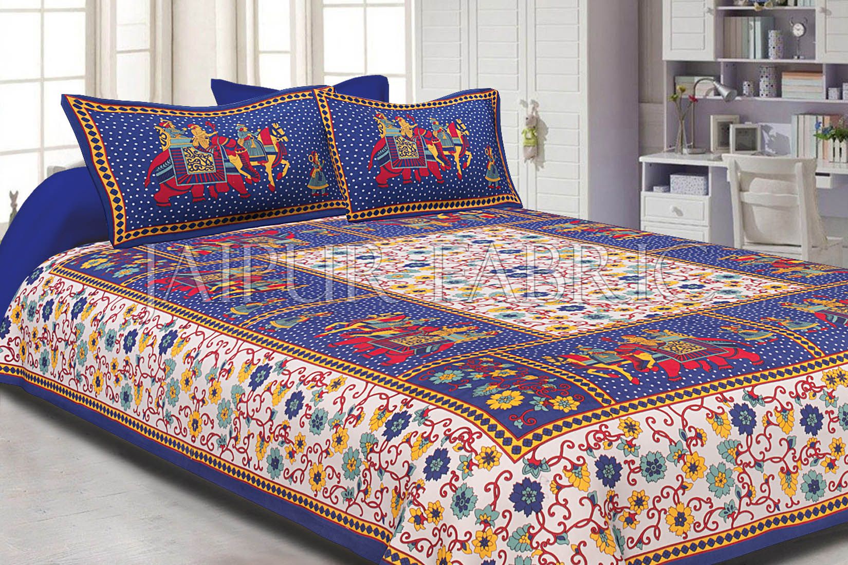 Blue Border White Base Barat Pattern Screen Print Cotton Double Bed Sheet