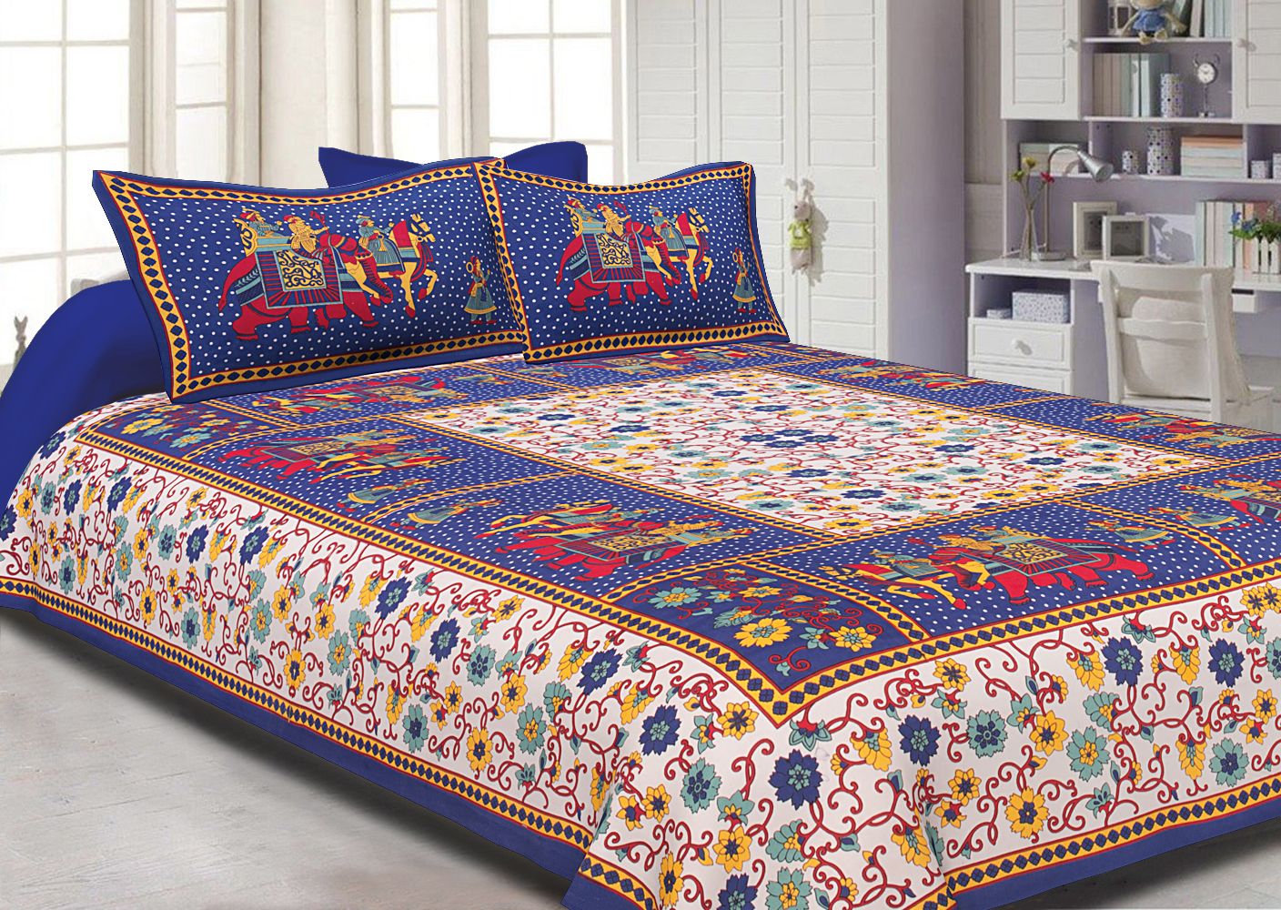 Blue Border White Base Barat Pattern Screen Print Cotton Double Bed Sheet