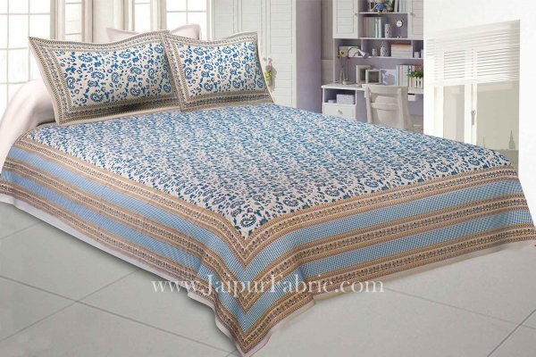 Ethnic Gold Royal Blue Floral Double Bedsheet