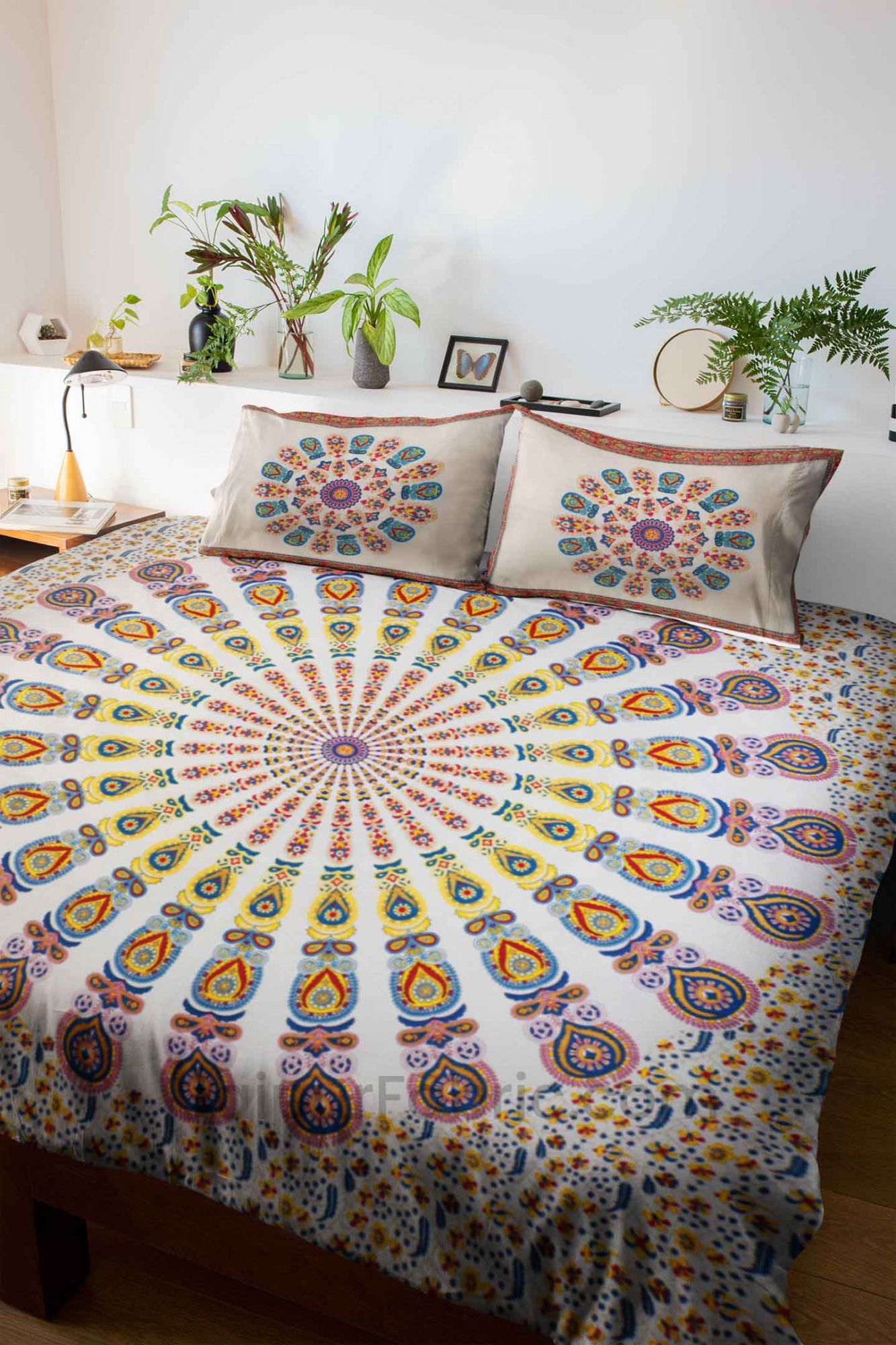 Mandala Yellow Blue Khari Gold Print Double Bedsheet with 2 Pillow Covers