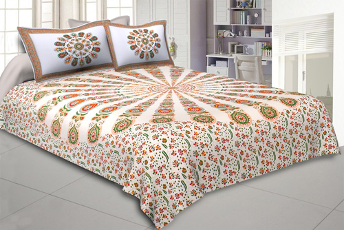 Mandala Orange Green Khari Gold Print Double Bedsheet with 2 Pillow Covers