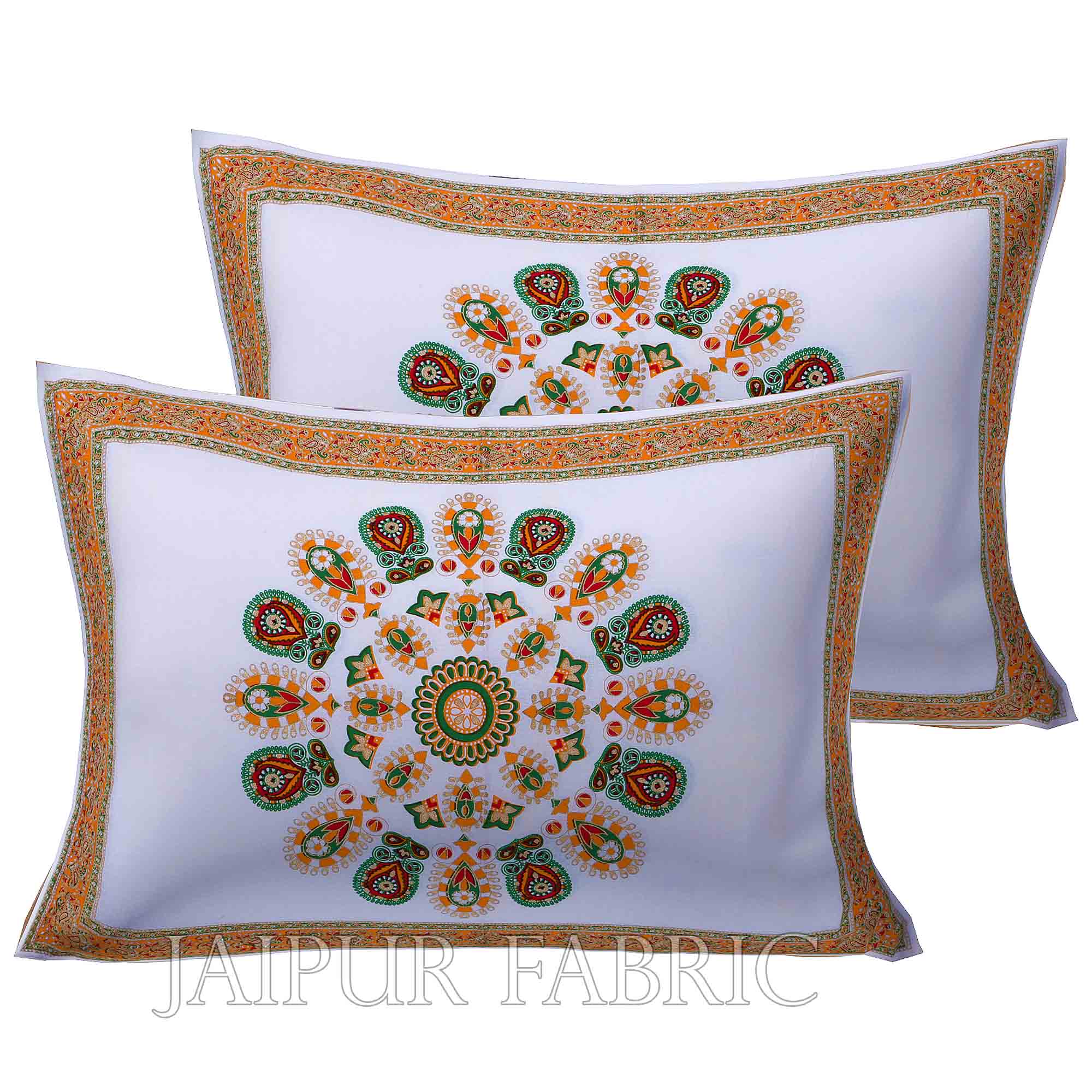 Mandala Orange Green Khari Gold Print Double Bedsheet with 2 Pillow Covers