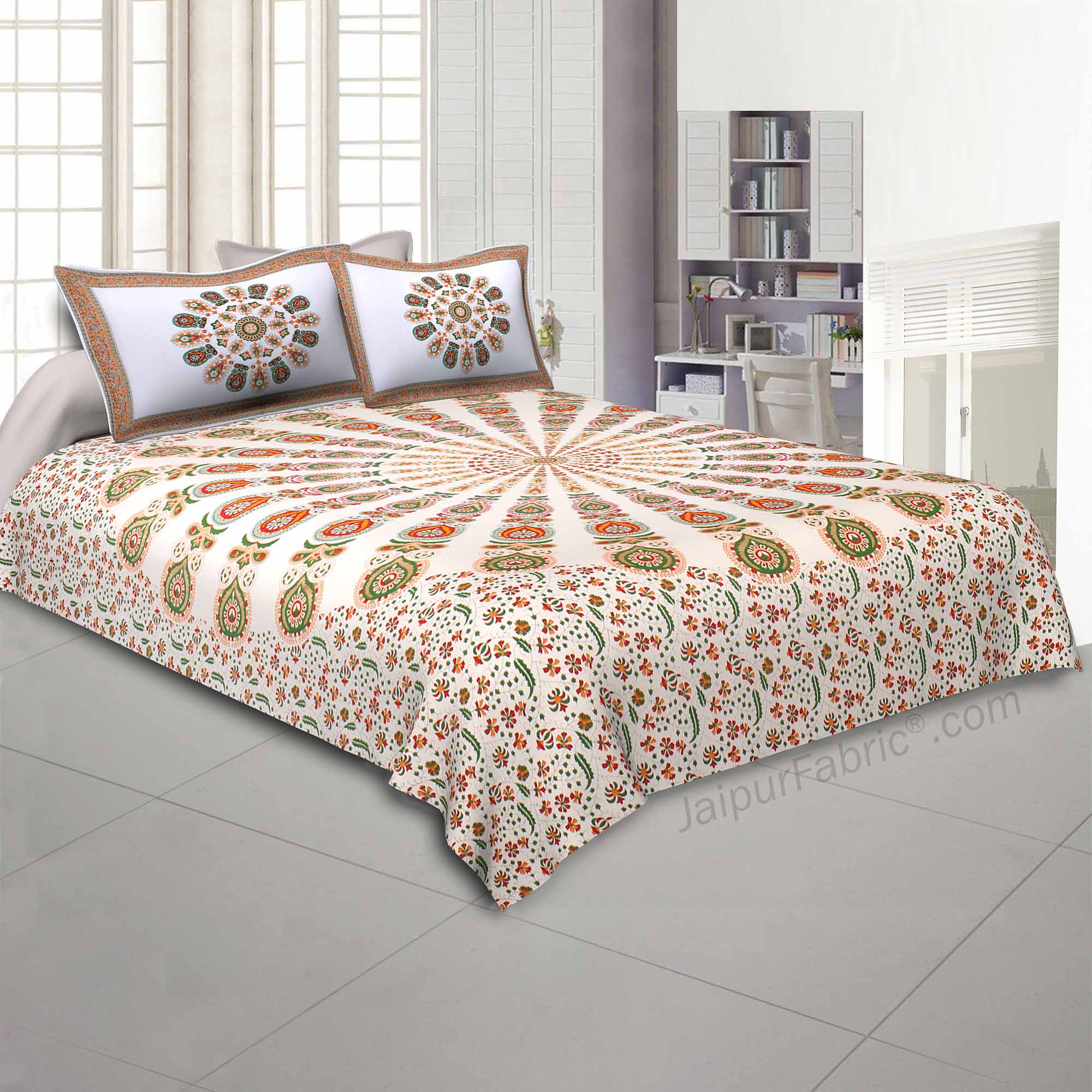 Mandala Orange Green Khari Gold Print Double Bedsheet with 2 Pillow Covers