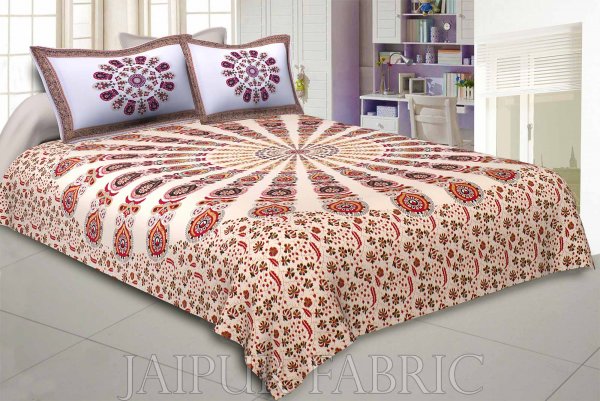 Mandala Maroon Grey Khari Gold Print Double Bedsheet with 2 Pillow Covers