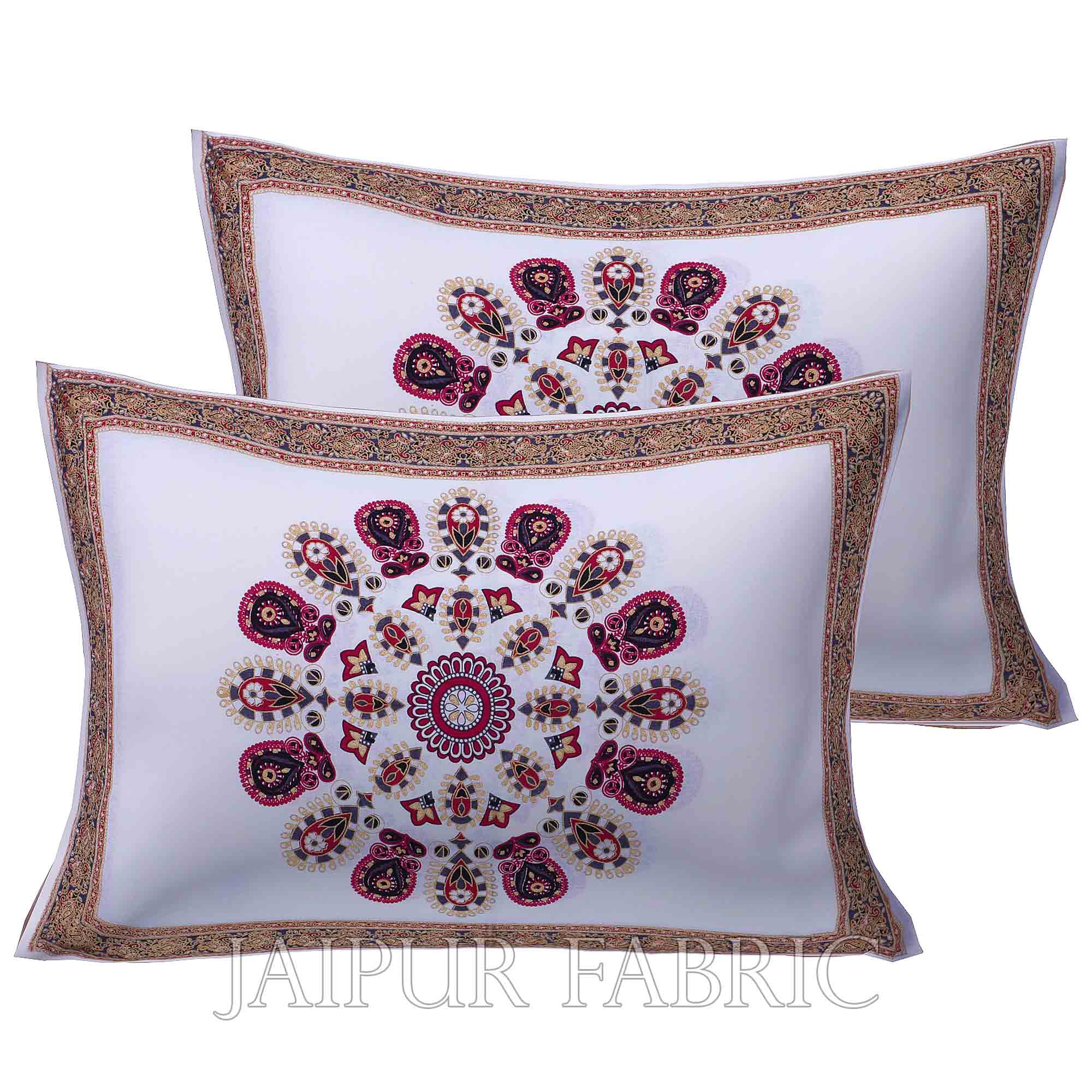 Mandala Maroon Grey Khari Gold Print Double Bedsheet with 2 Pillow Covers