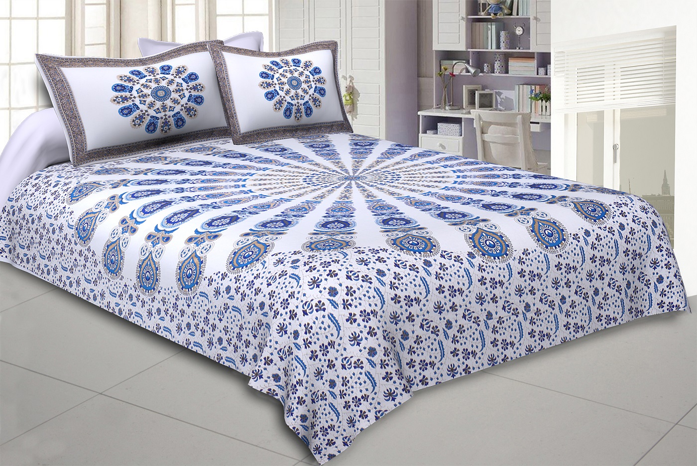 Mandala Blue White Khari Gold Print Double Bedsheet with 2 Pillow Covers