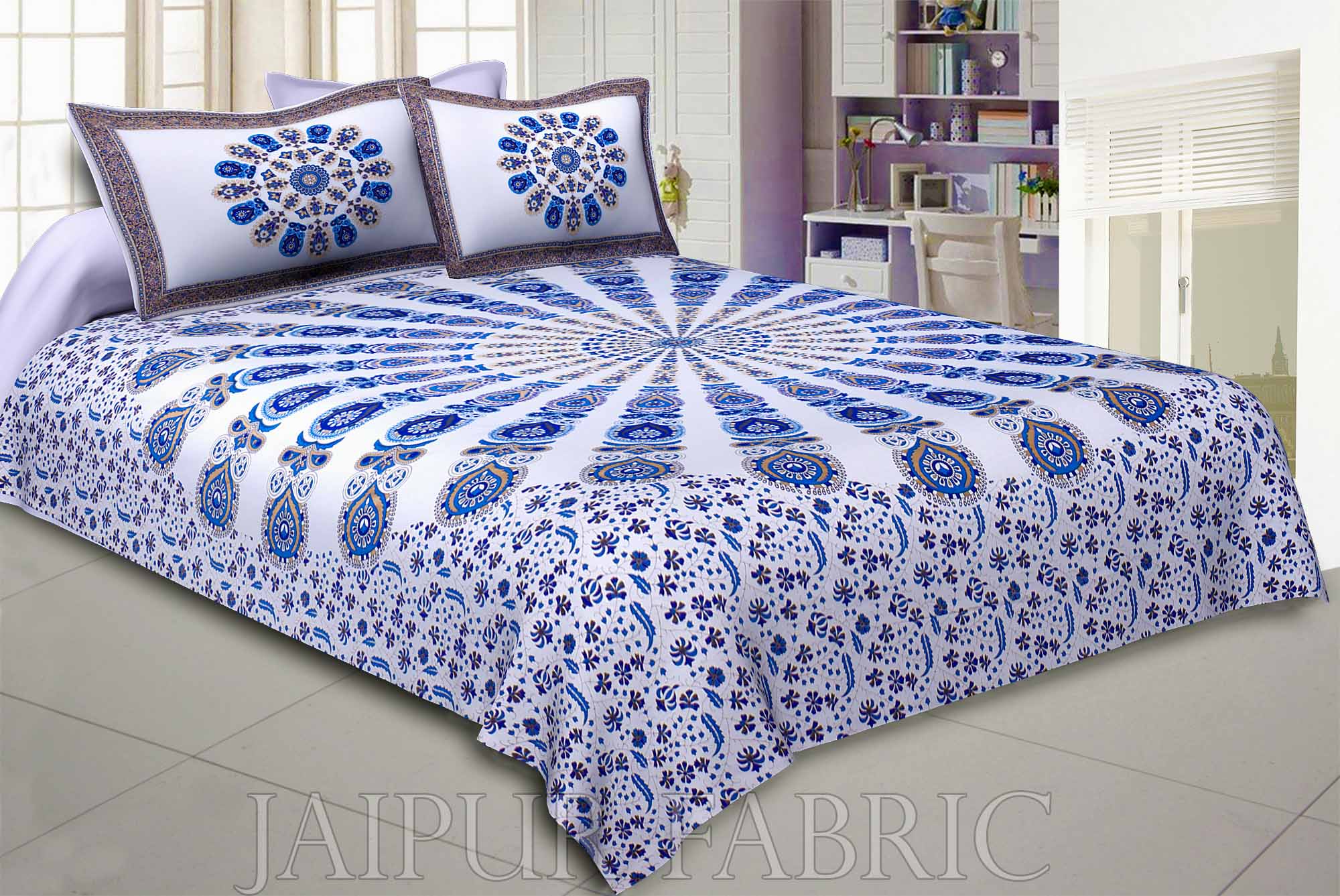 Mandala Blue White Khari Gold Print Double Bedsheet with 2 Pillow Covers