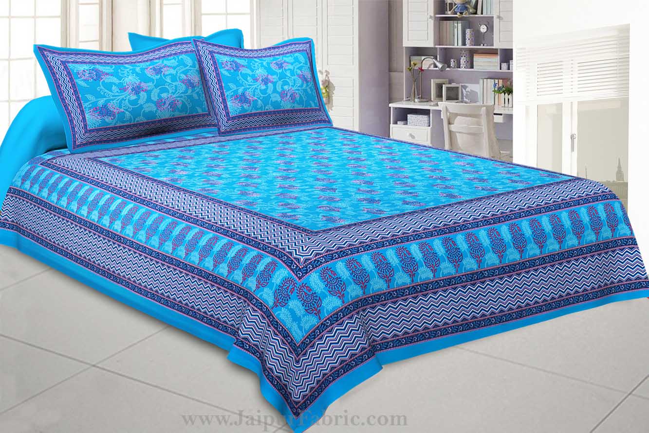 Vibrant Blue Floral Double Bedsheet