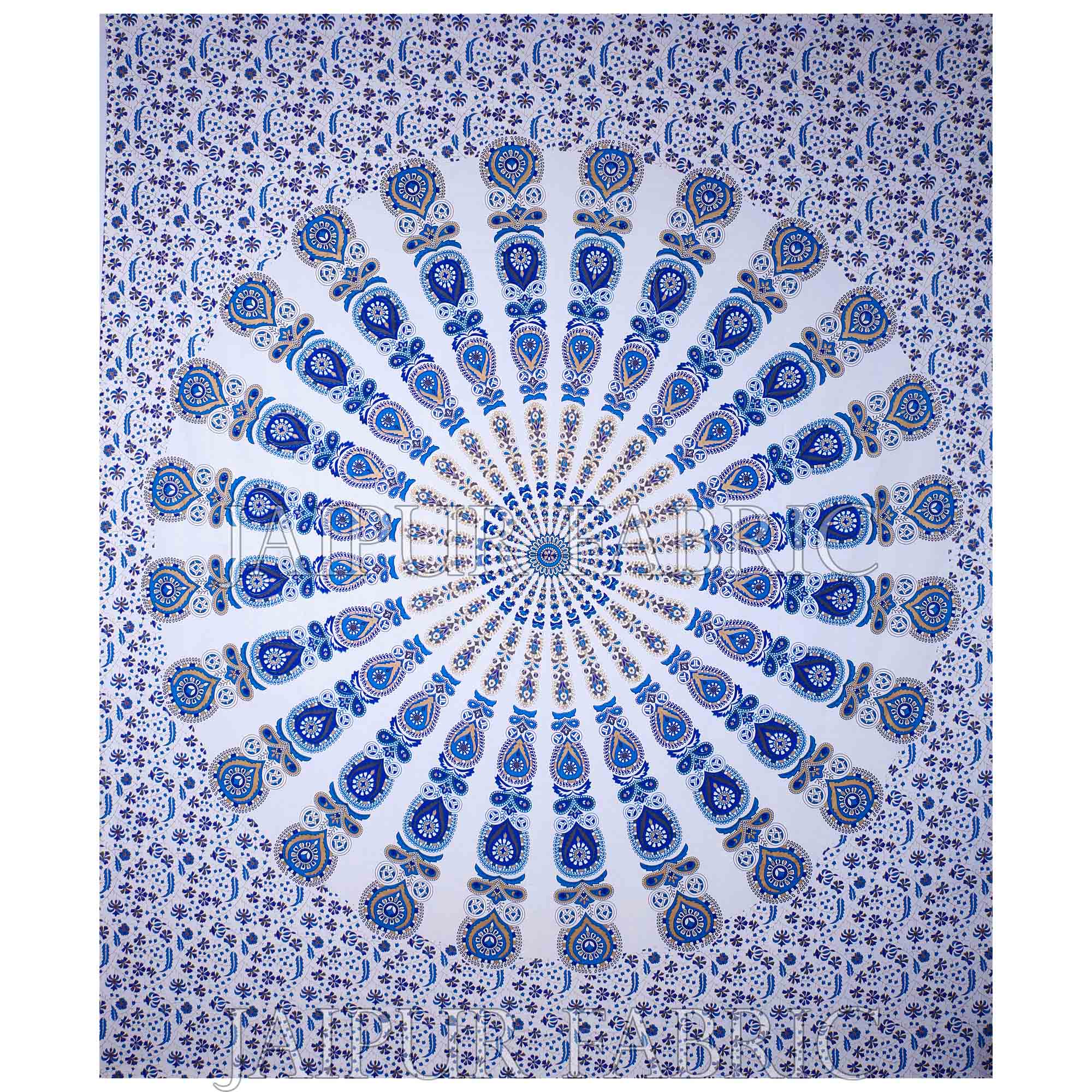 Mandala Blue White Khari Gold Print Double Bedsheet with 2 Pillow Covers