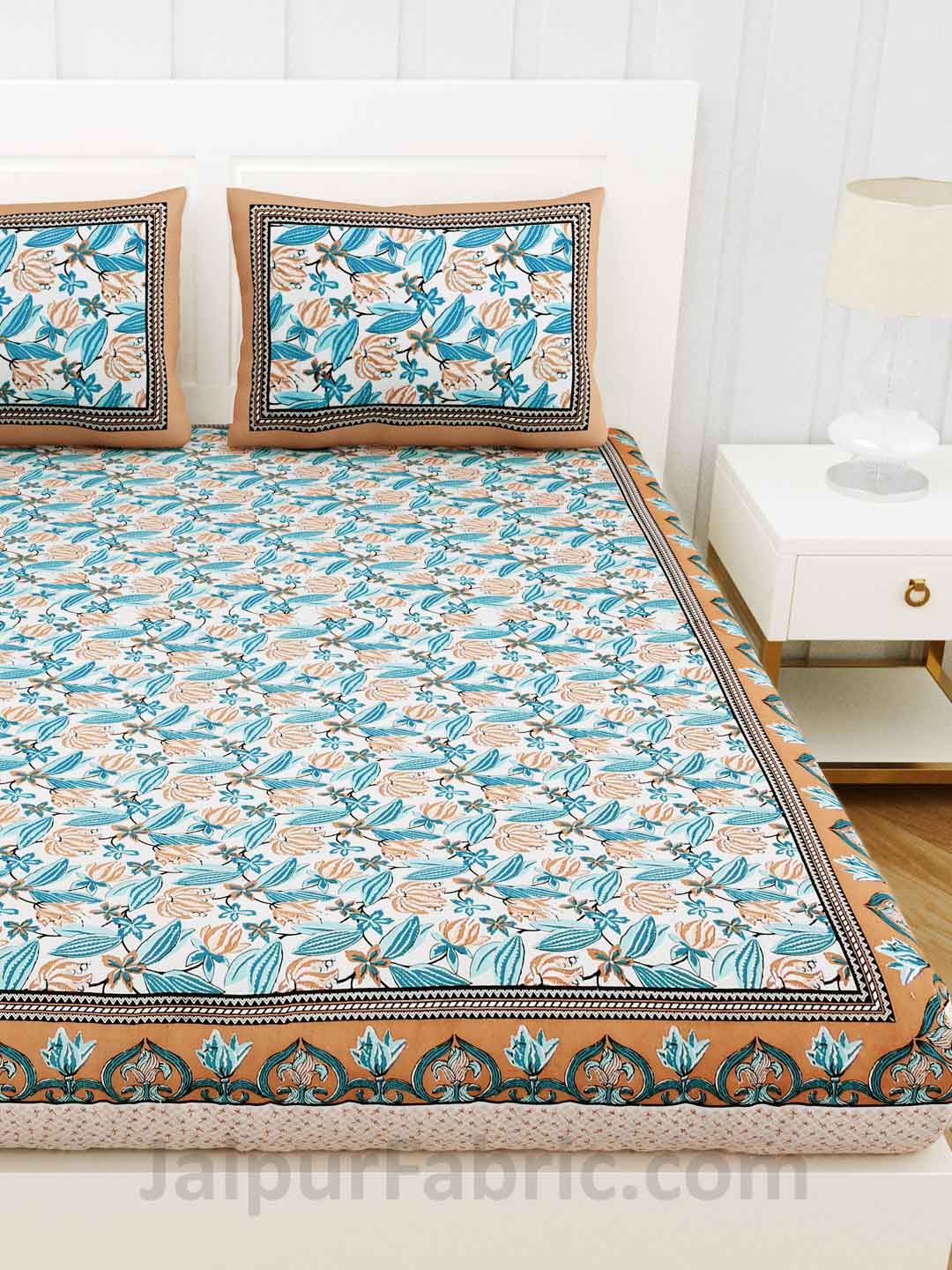 Lilium Blue Floral Pure Cotton Double Bedsheet