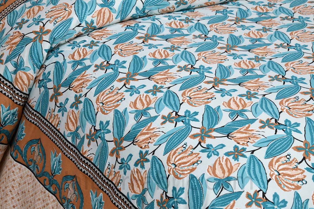 Lilium Blue Floral Pure Cotton Double Bedsheet