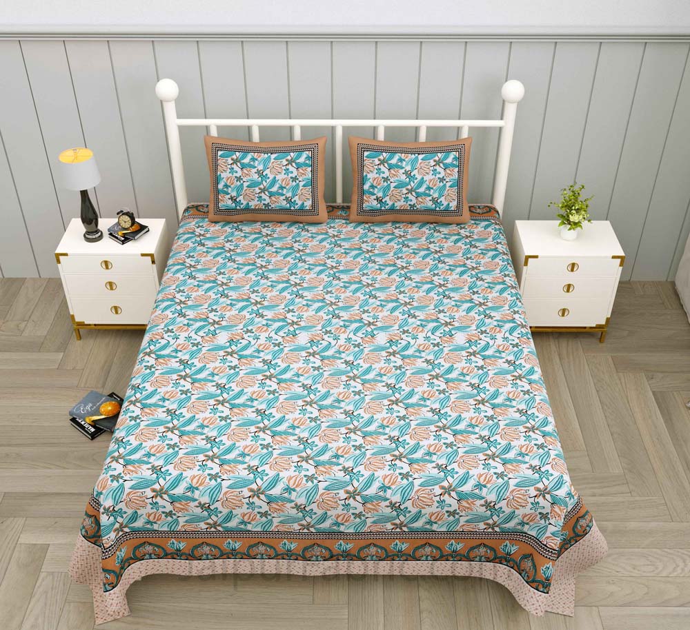 Lilium Blue Floral Pure Cotton Double Bedsheet