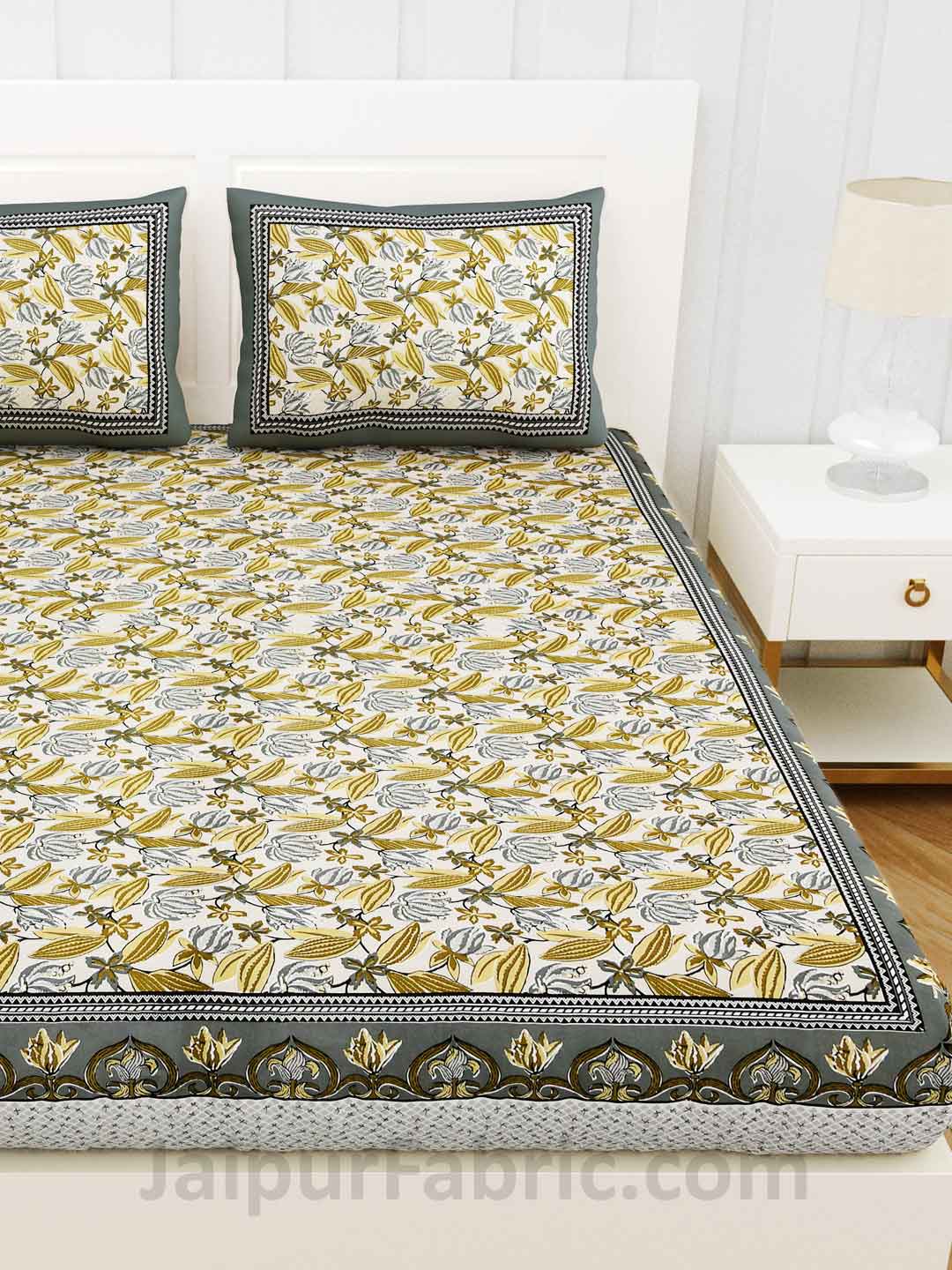 Lilium Green Floral Pure Cotton Double Bedsheet