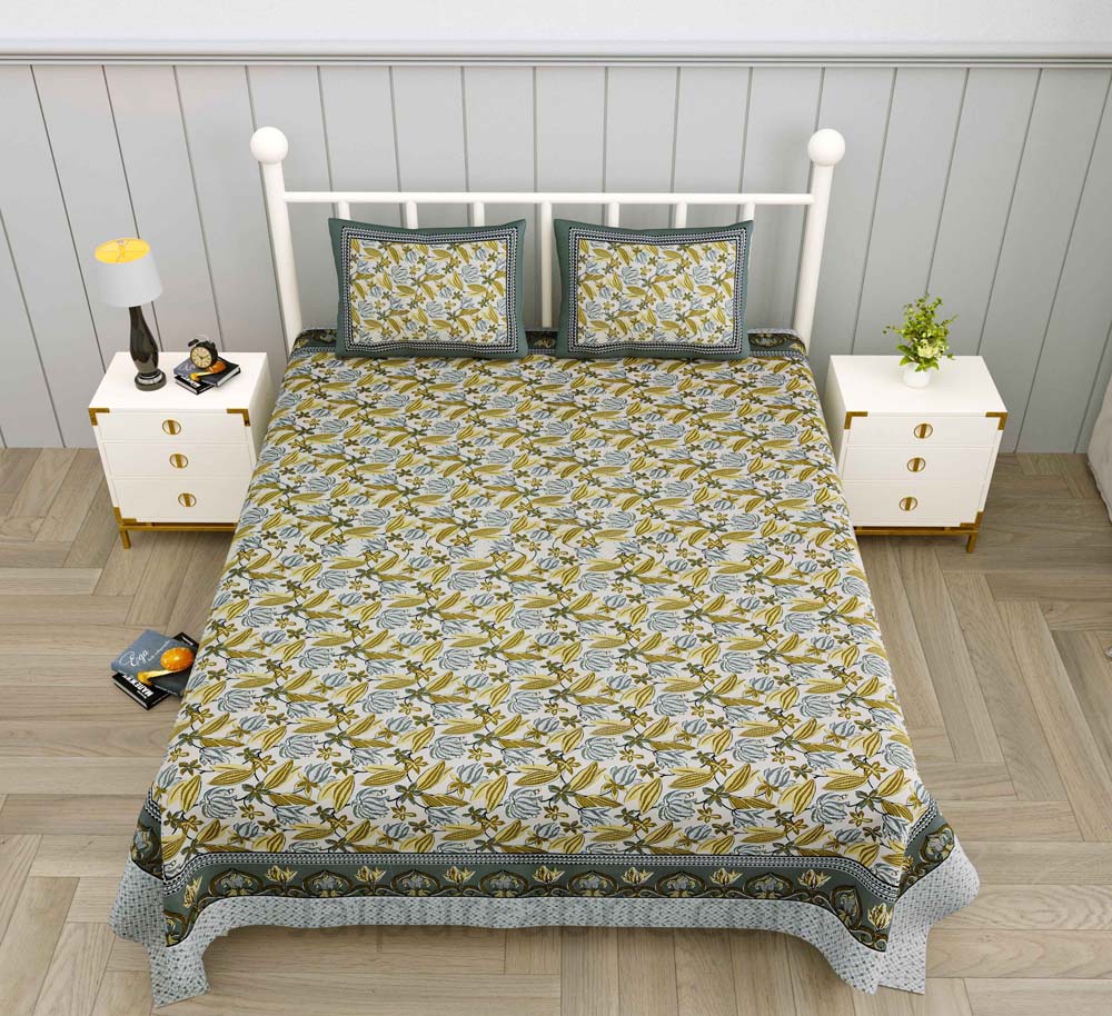 Lilium Green Floral Pure Cotton Double Bedsheet