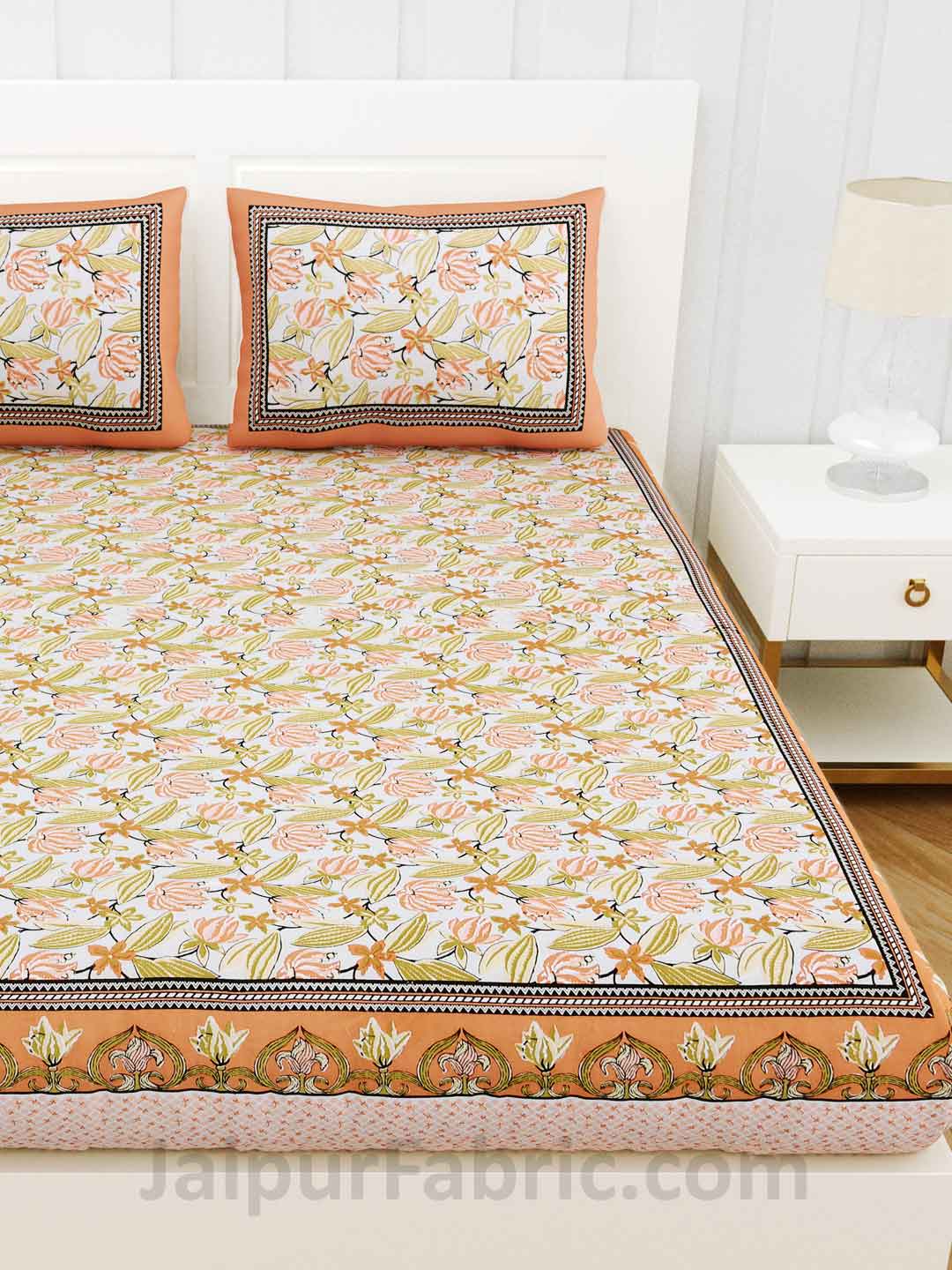 Lilium Peach Floral Pure Cotton Double Bedsheet