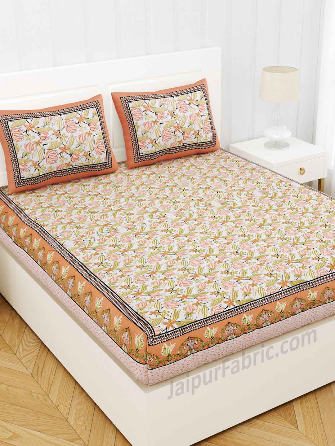 Lilium Peach Floral Pure Cotton Double Bedsheet