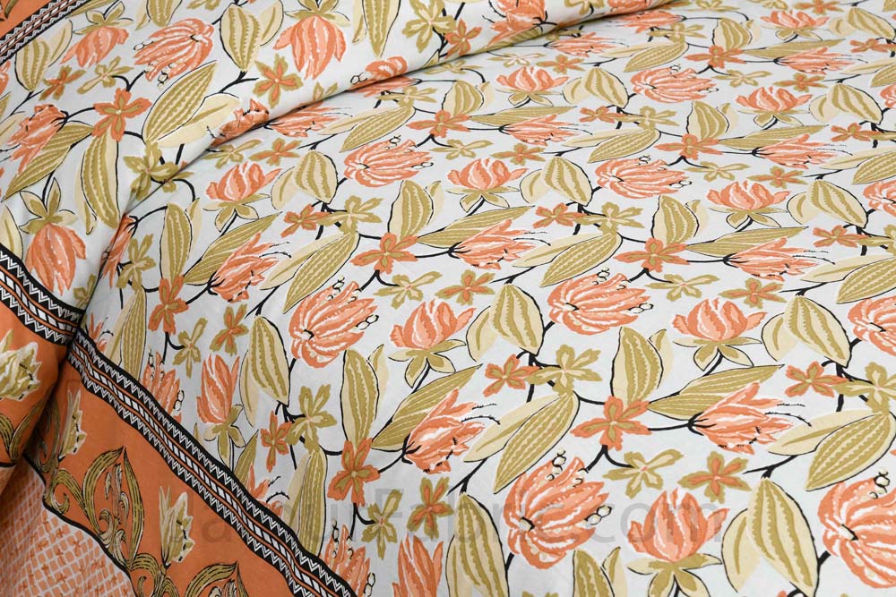 Lilium Peach Floral Pure Cotton Double Bedsheet