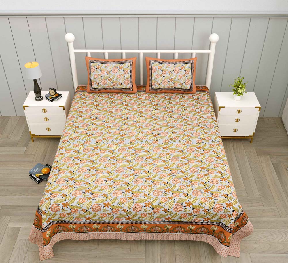 Lilium Peach Floral Pure Cotton Double Bedsheet