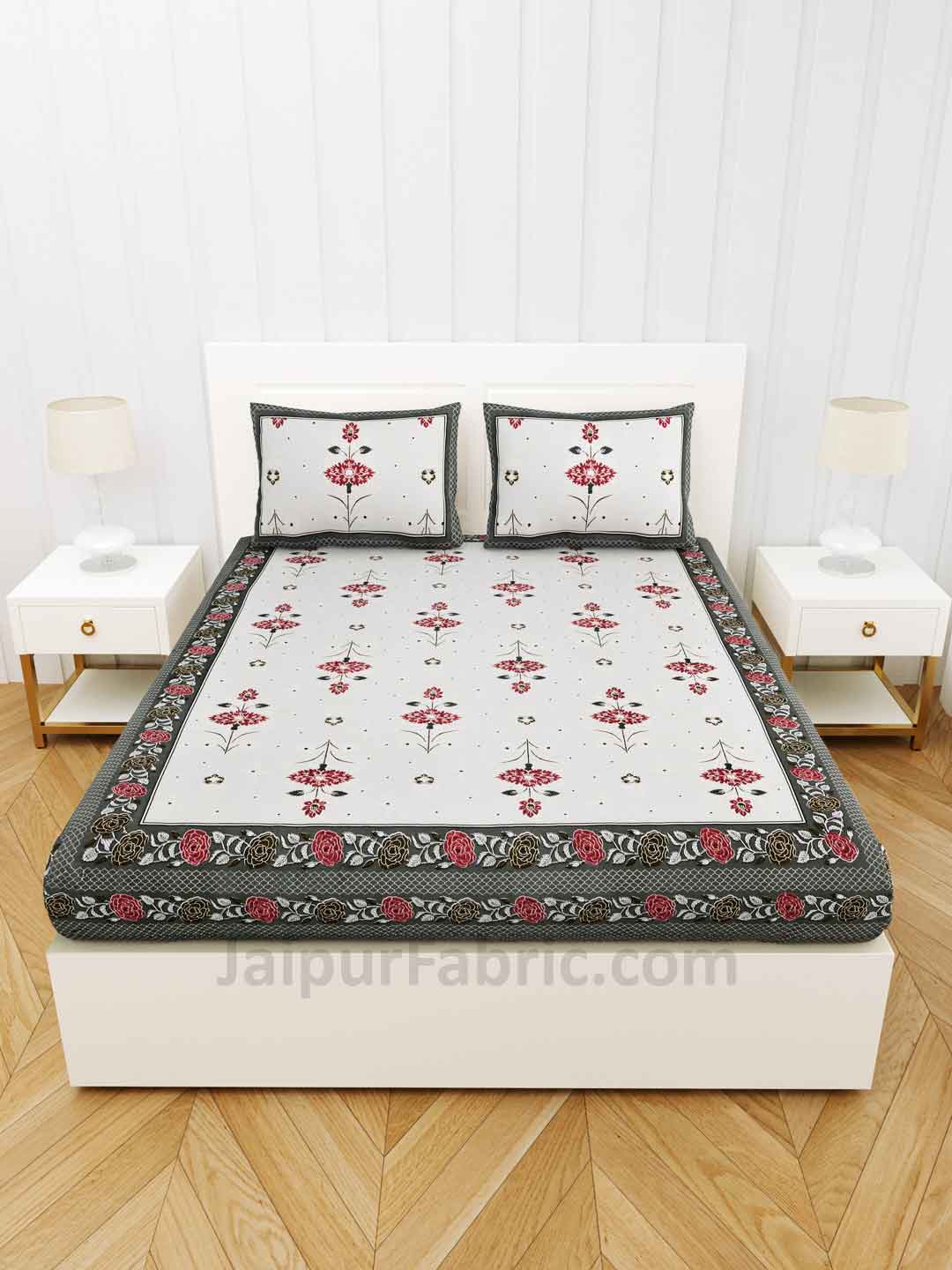 Carnations Grey Floral Pure Cotton Double Bedsheet