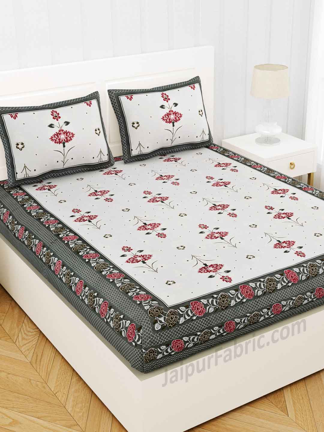 Carnations Grey Floral Pure Cotton Double Bedsheet