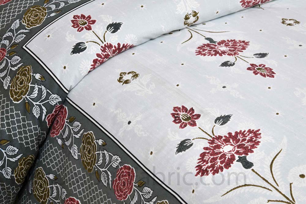 Carnations Grey Floral Pure Cotton Double Bedsheet