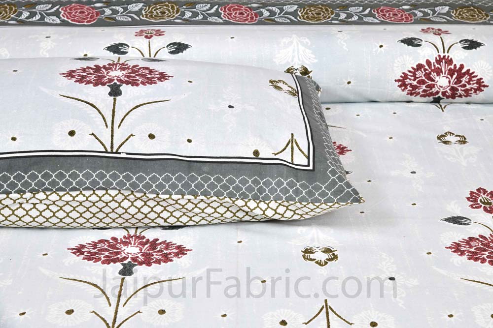 Carnations Grey Floral Pure Cotton Double Bedsheet