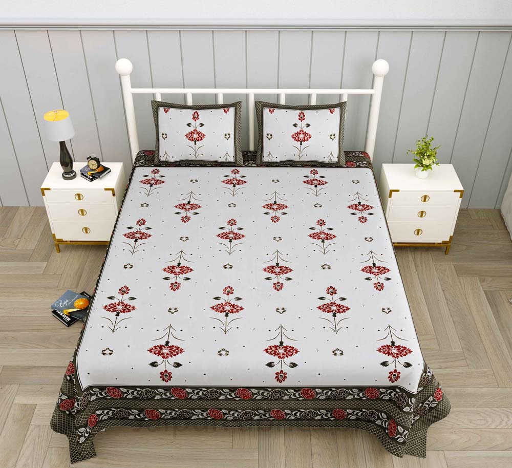 Carnations Grey Floral Pure Cotton Double Bedsheet