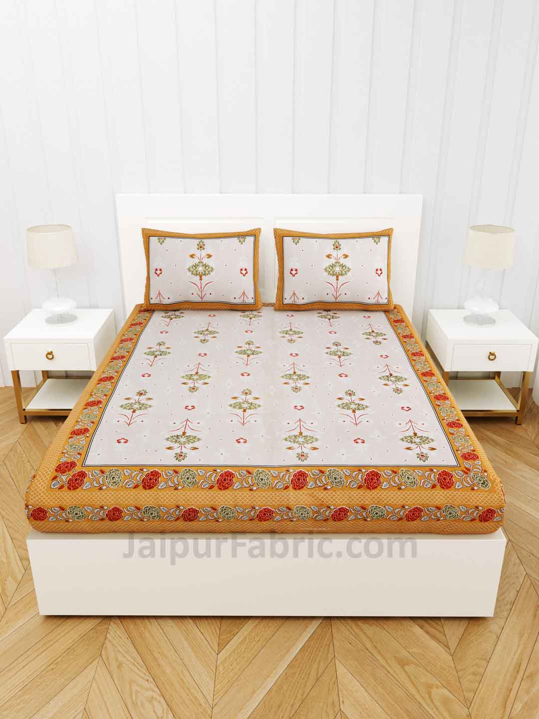 Carnations Yellow Floral Pure Cotton Double Bedsheet