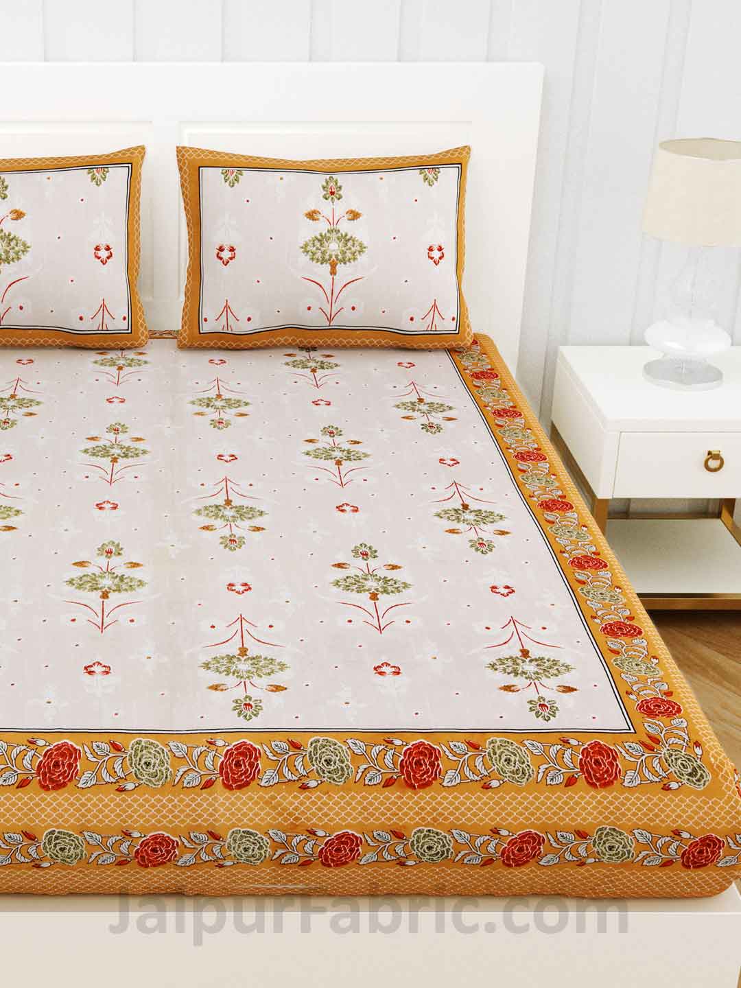 Carnations Yellow Floral Pure Cotton Double Bedsheet