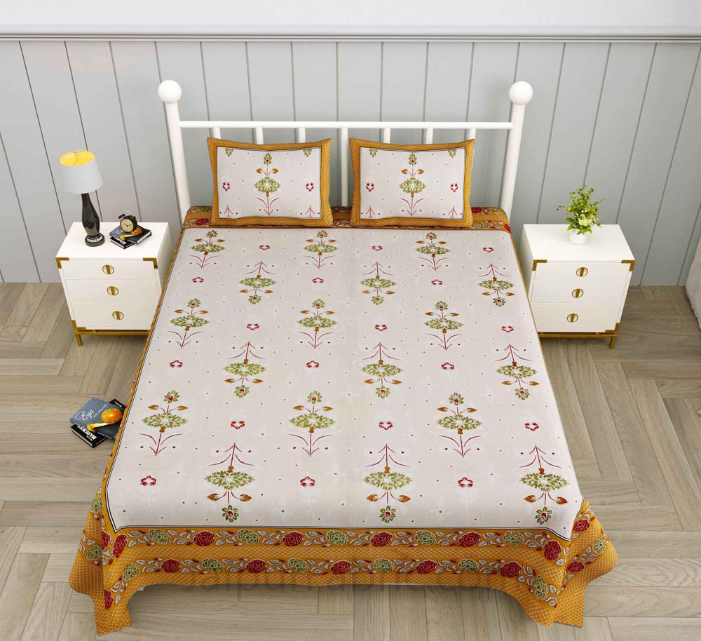 Carnations Yellow Floral Pure Cotton Double Bedsheet