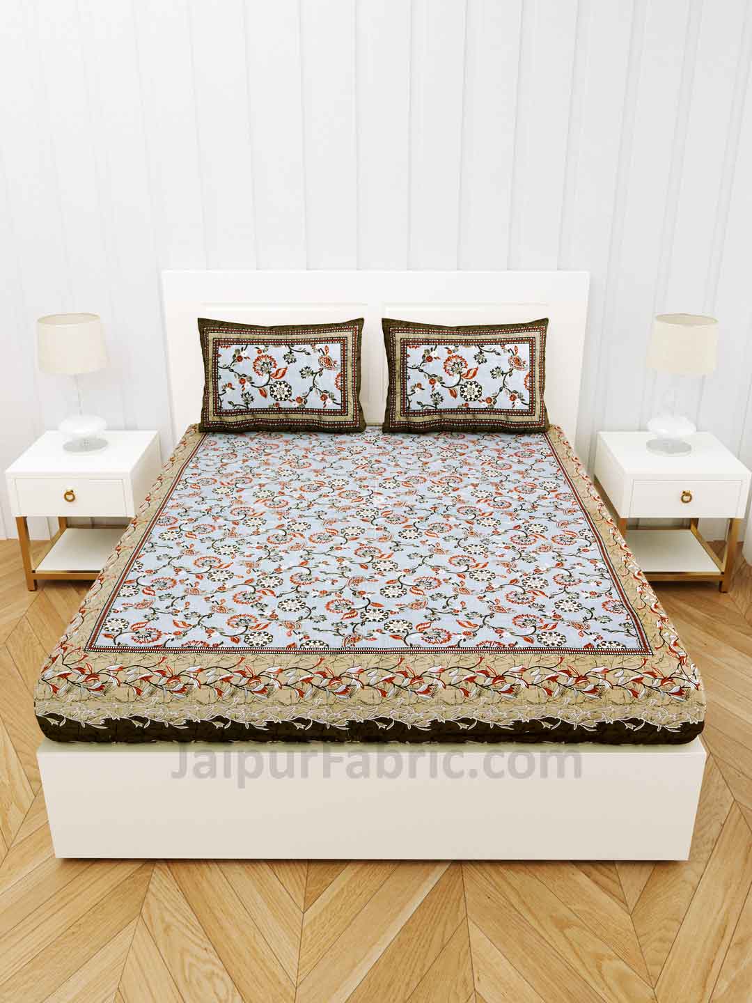 Royal Heritage EarthBrown Flower Pure Cotton Double Bedsheet