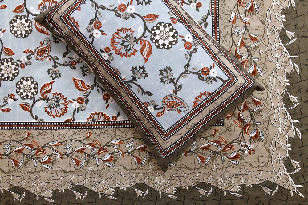 Royal Heritage EarthBrown Flower Pure Cotton Double Bedsheet