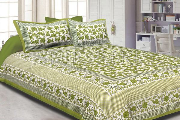 Green Border Flower Pattern Screen Print Cotton Double Bed Sheet