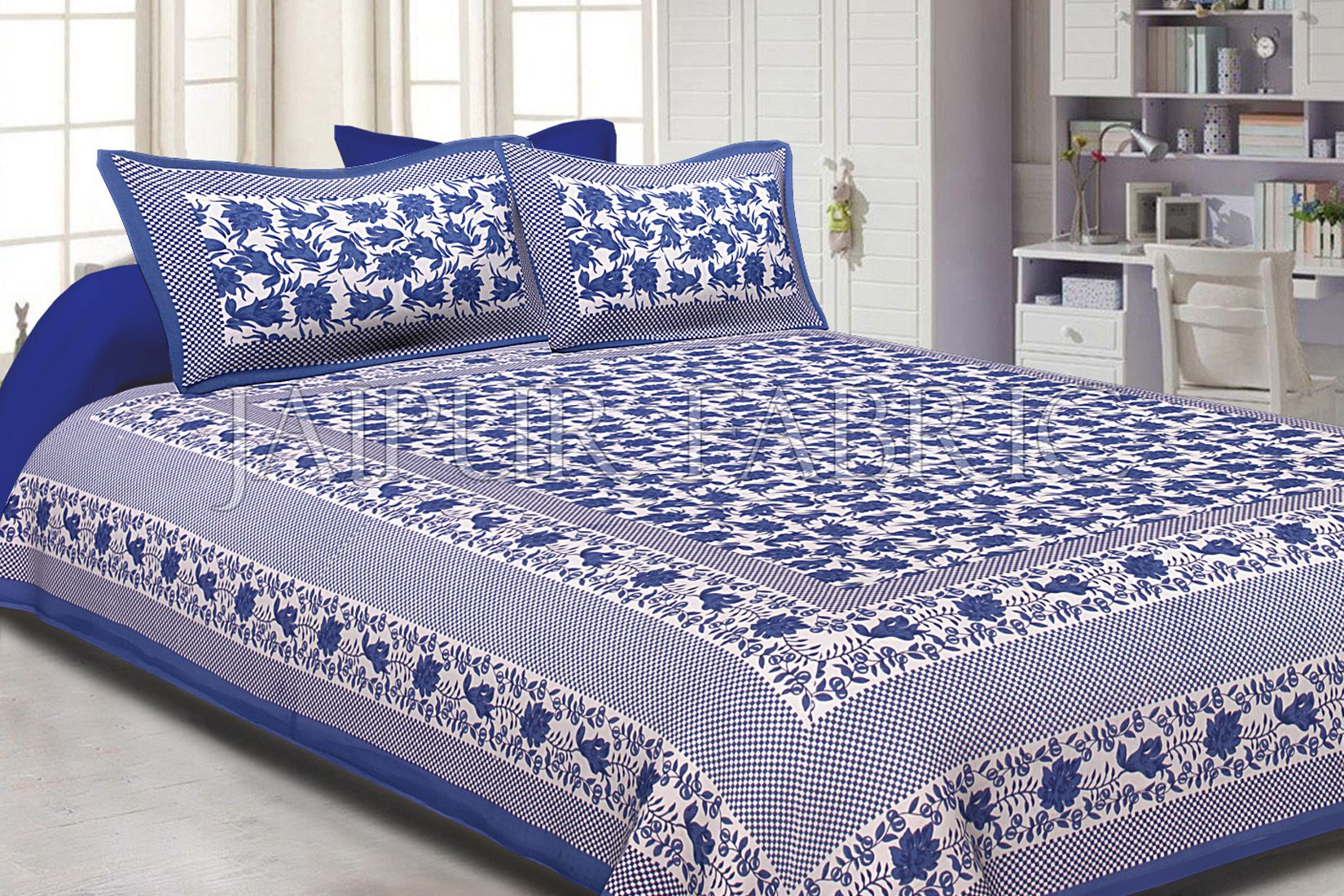 Blue Border Flower Pattern Screen Print Cotton Double Bed Sheet