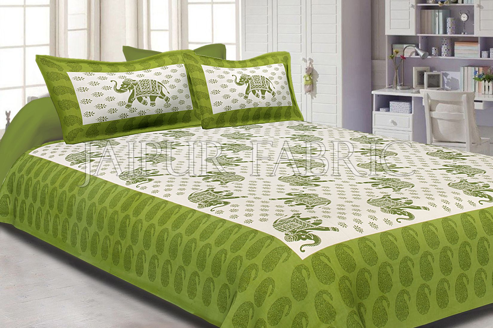 Green Border White Base Elephant Pattern Screen Print Cotton Double Bed Sheet