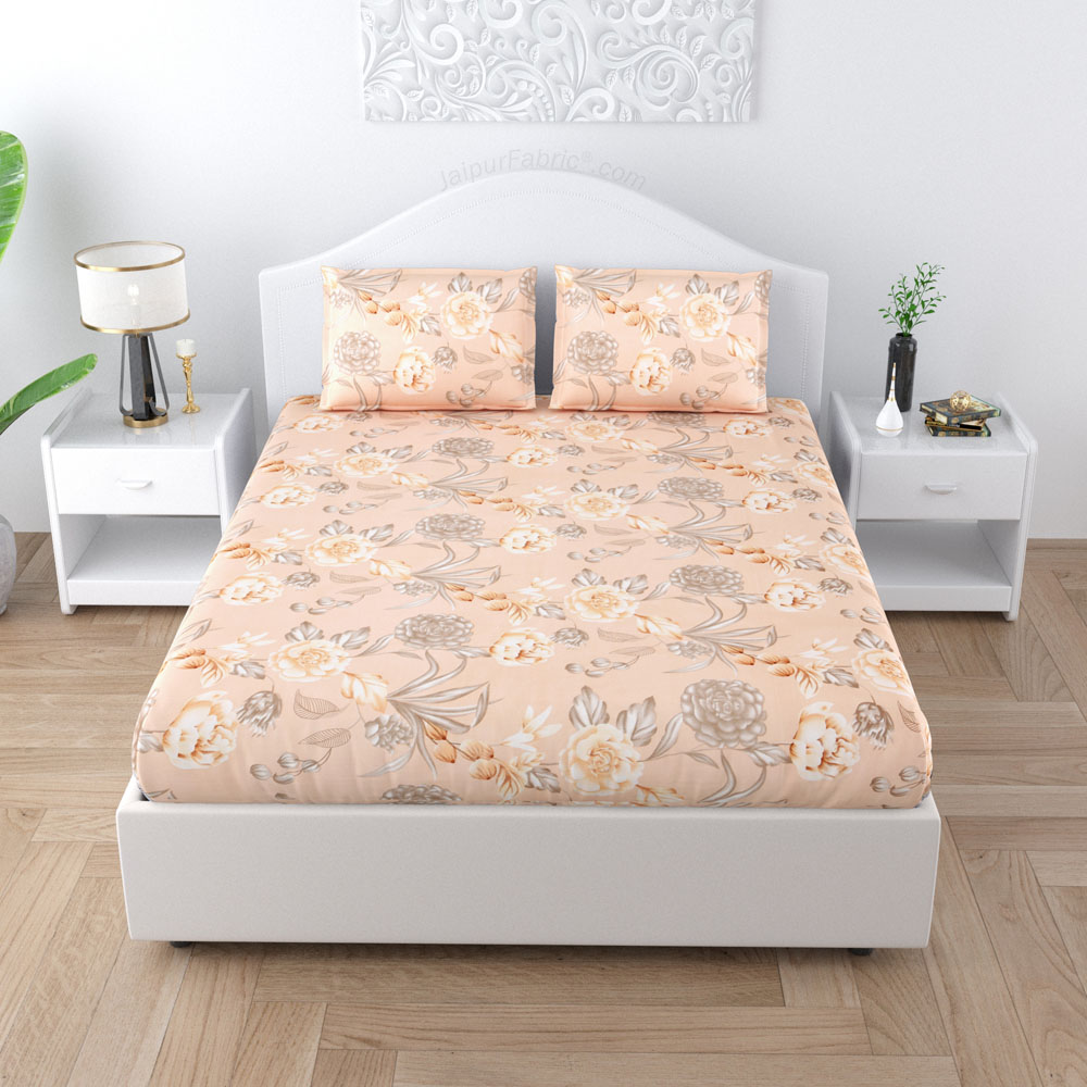 Pretty Peach Floral Poly Cotton Double BedSheet